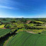 Vista aérea de extensas áreas verdes de cultivo e propriedades rurais sob o céu claro.