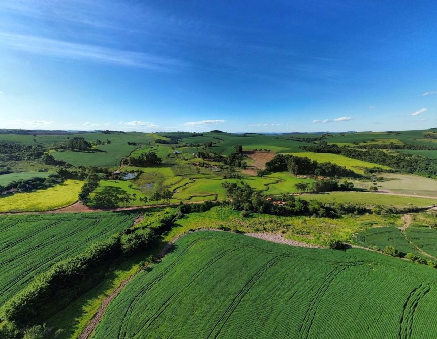 Vista aérea de extensas áreas verdes de cultivo e propriedades rurais sob o céu claro.
